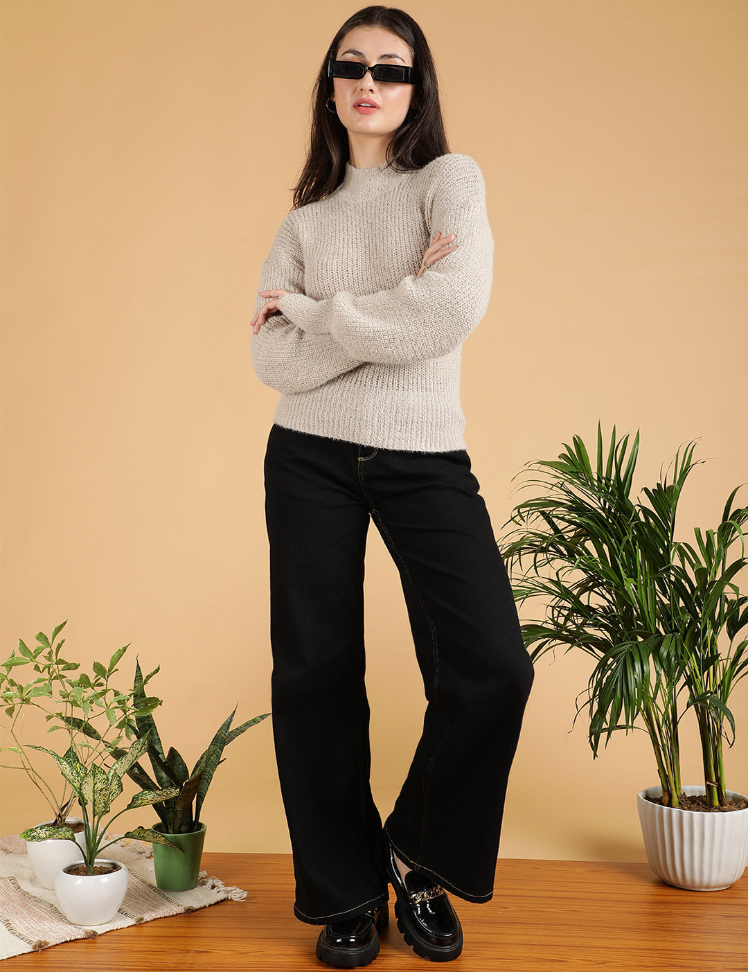 KOTTY Self Design Turtle Neck Casual Women Beige Sweater 