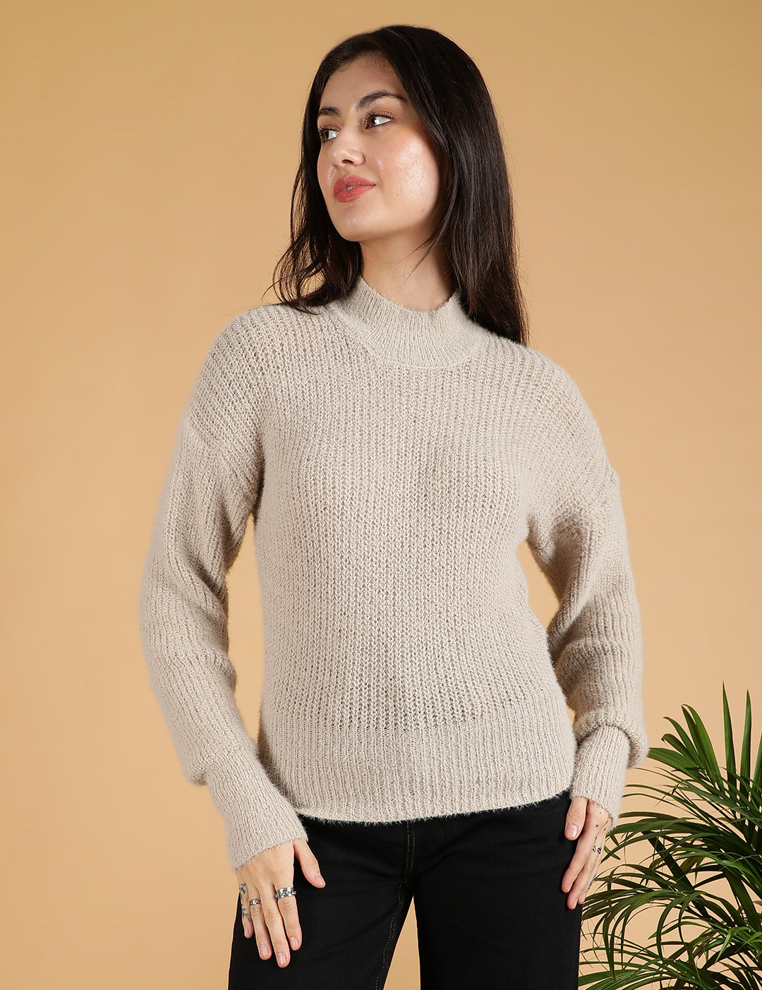 KOTTY Self Design Turtle Neck Casual Women Beige Sweater 
