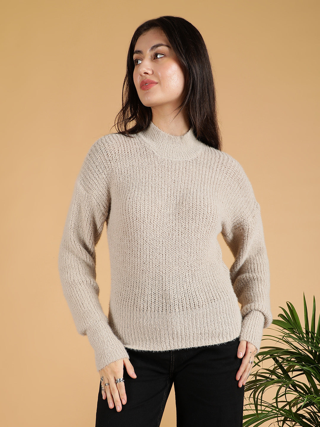 KOTTY Self Design Turtle Neck Casual Women Beige Sweater 