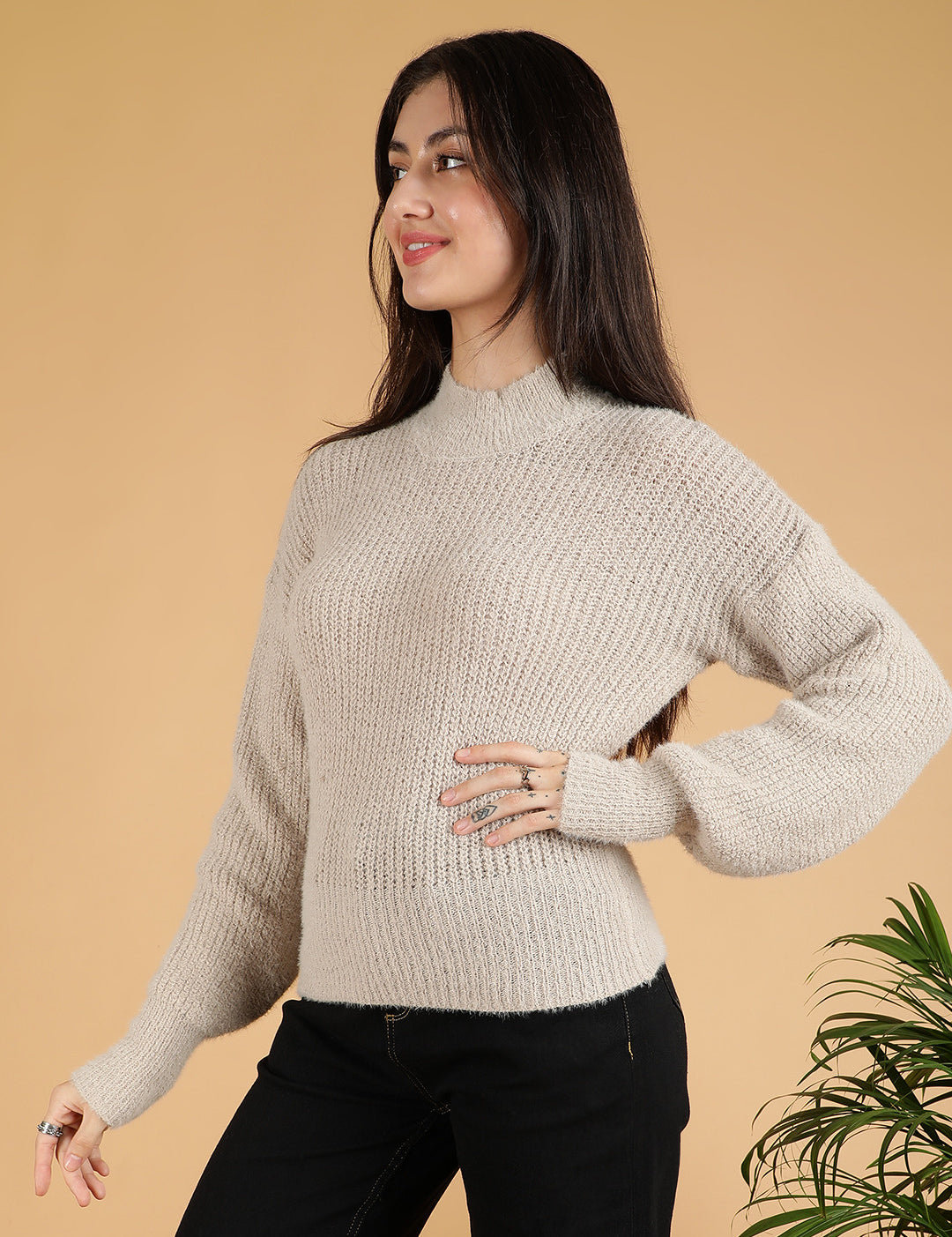KOTTY Self Design Turtle Neck Casual Women Beige Sweater 