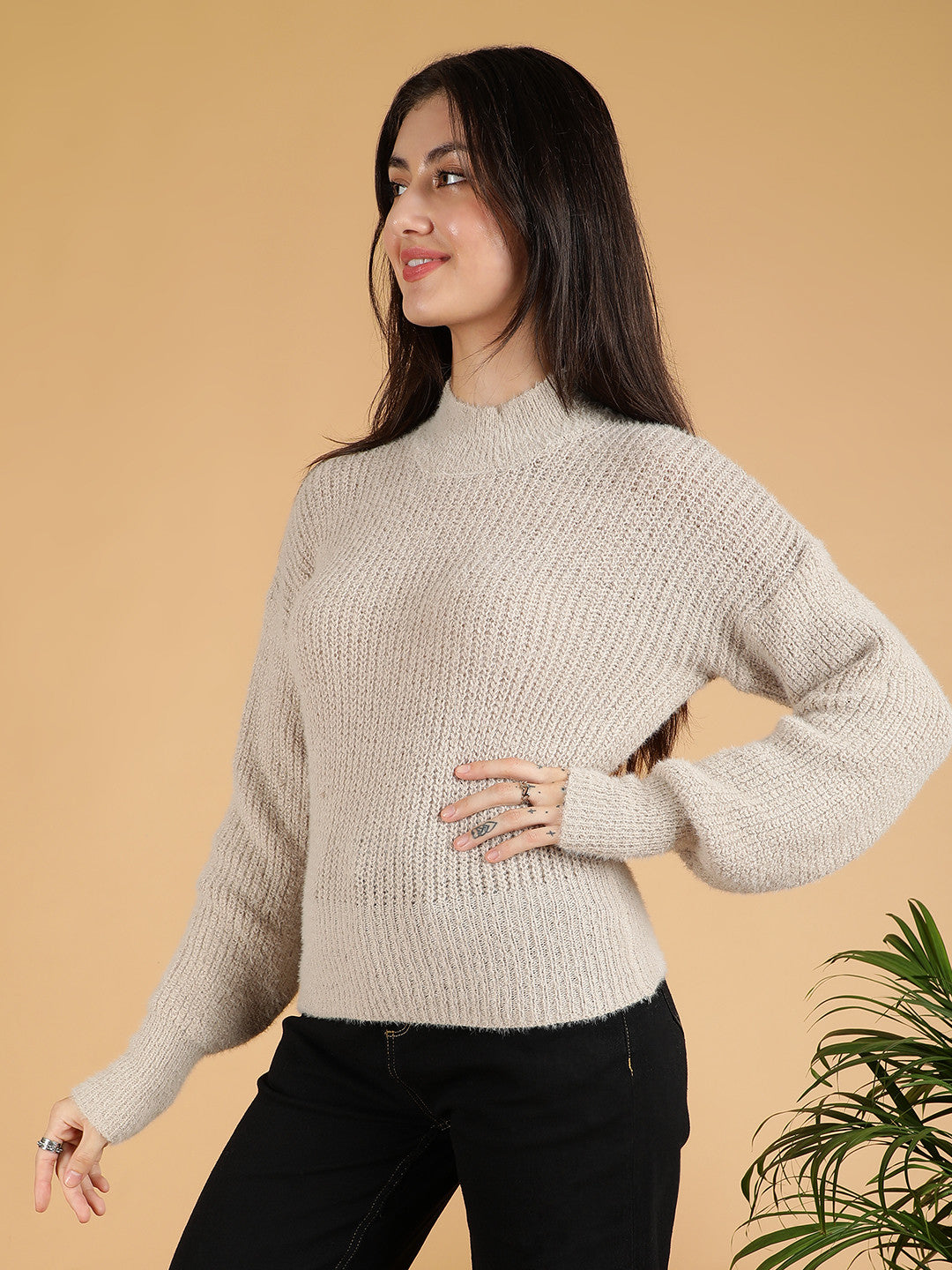 KOTTY Self Design Turtle Neck Casual Women Beige Sweater 