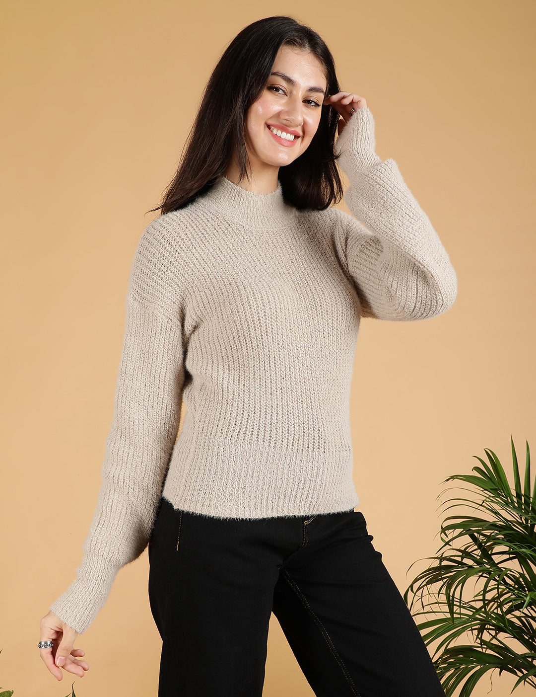 KOTTY Self Design Turtle Neck Casual Women Beige Sweater 