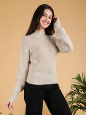 KOTTY Self Design Turtle Neck Casual Women Beige Sweater 