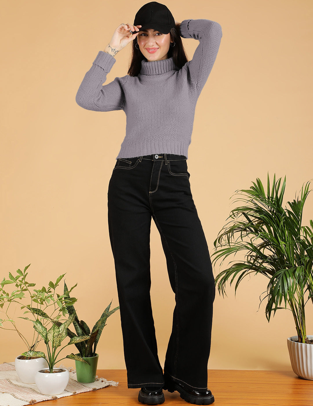 KOTTY Woven Collared Neck Casual Women Purple Sweater 