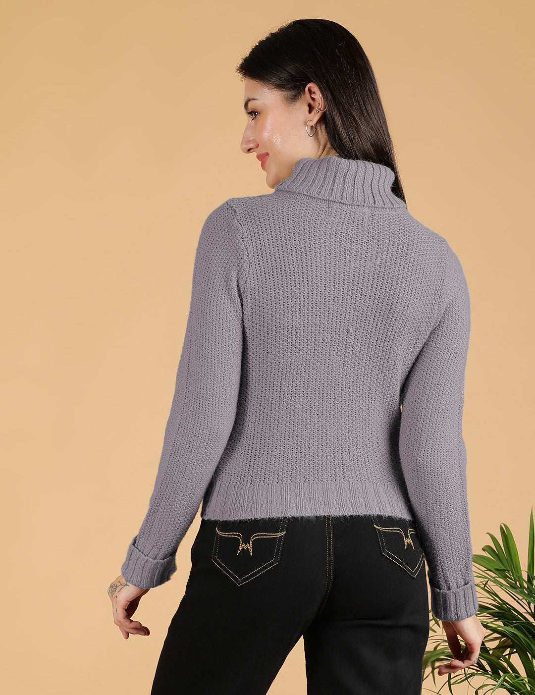 KOTTY Woven Collared Neck Casual Women Purple Sweater 