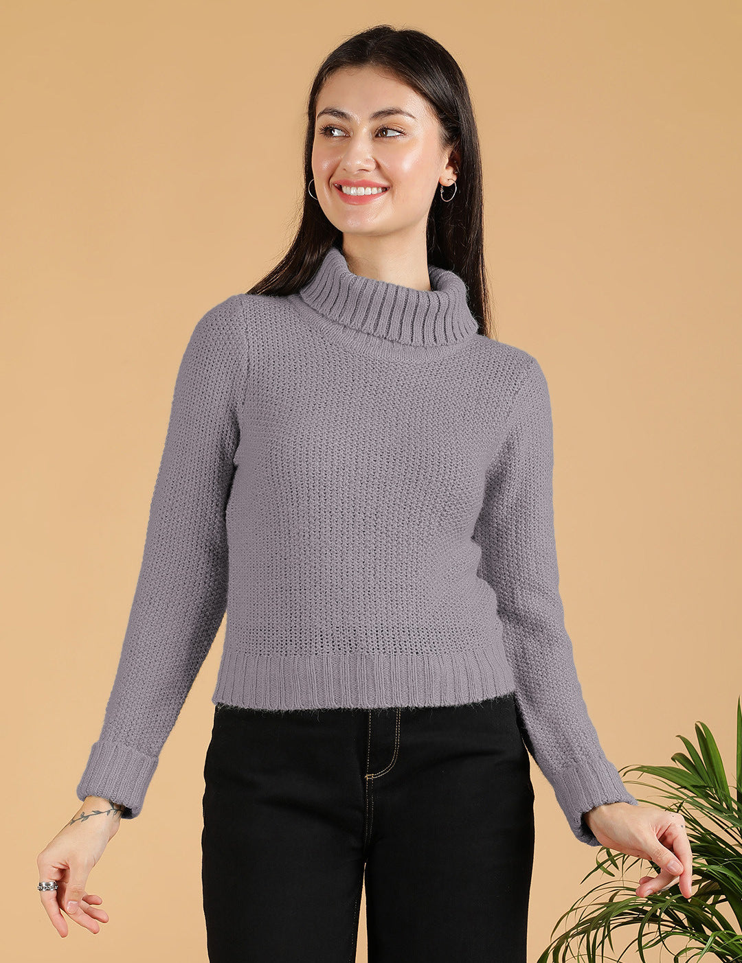 KOTTY Woven Collared Neck Casual Women Purple Sweater 