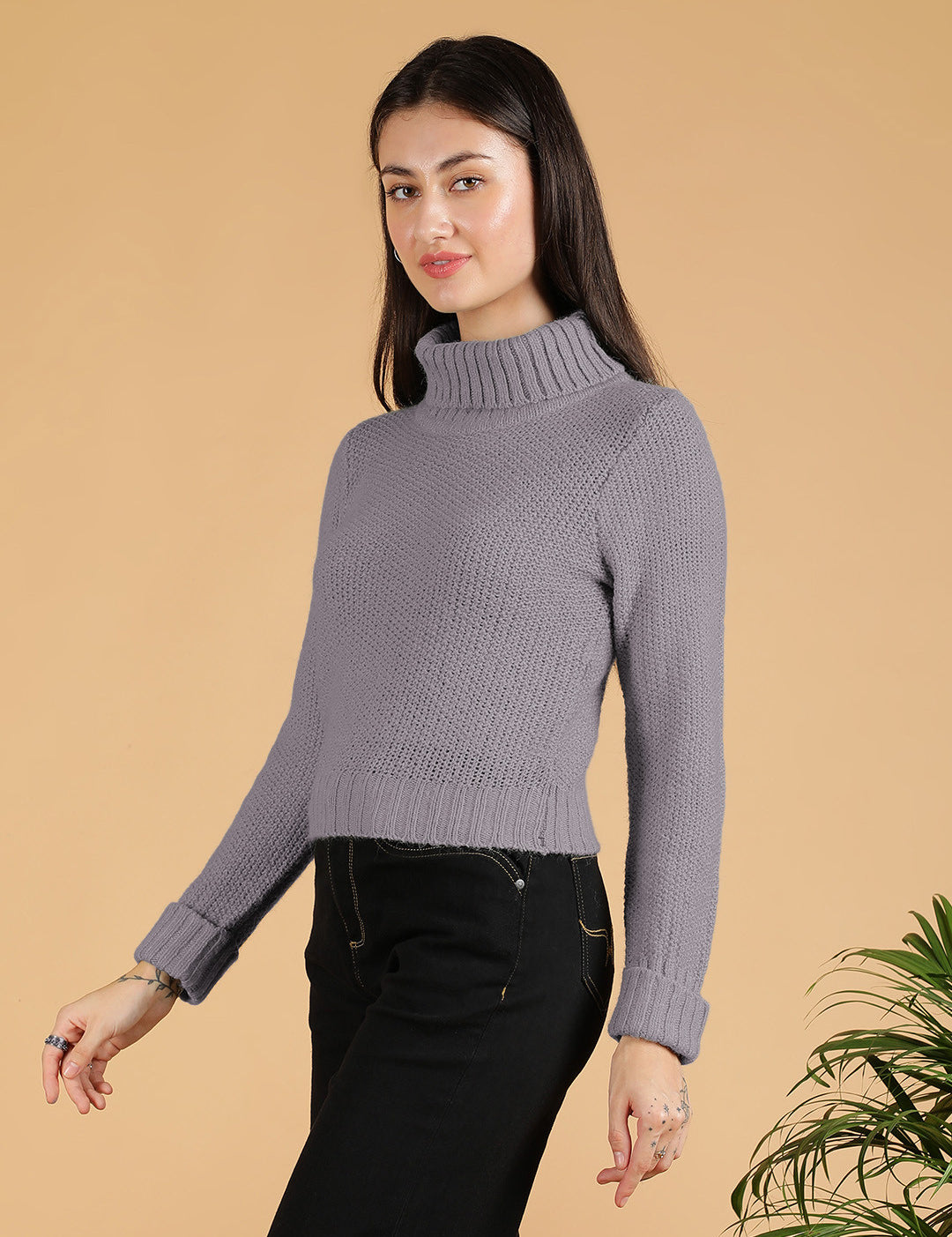 KOTTY Woven Collared Neck Casual Women Purple Sweater 