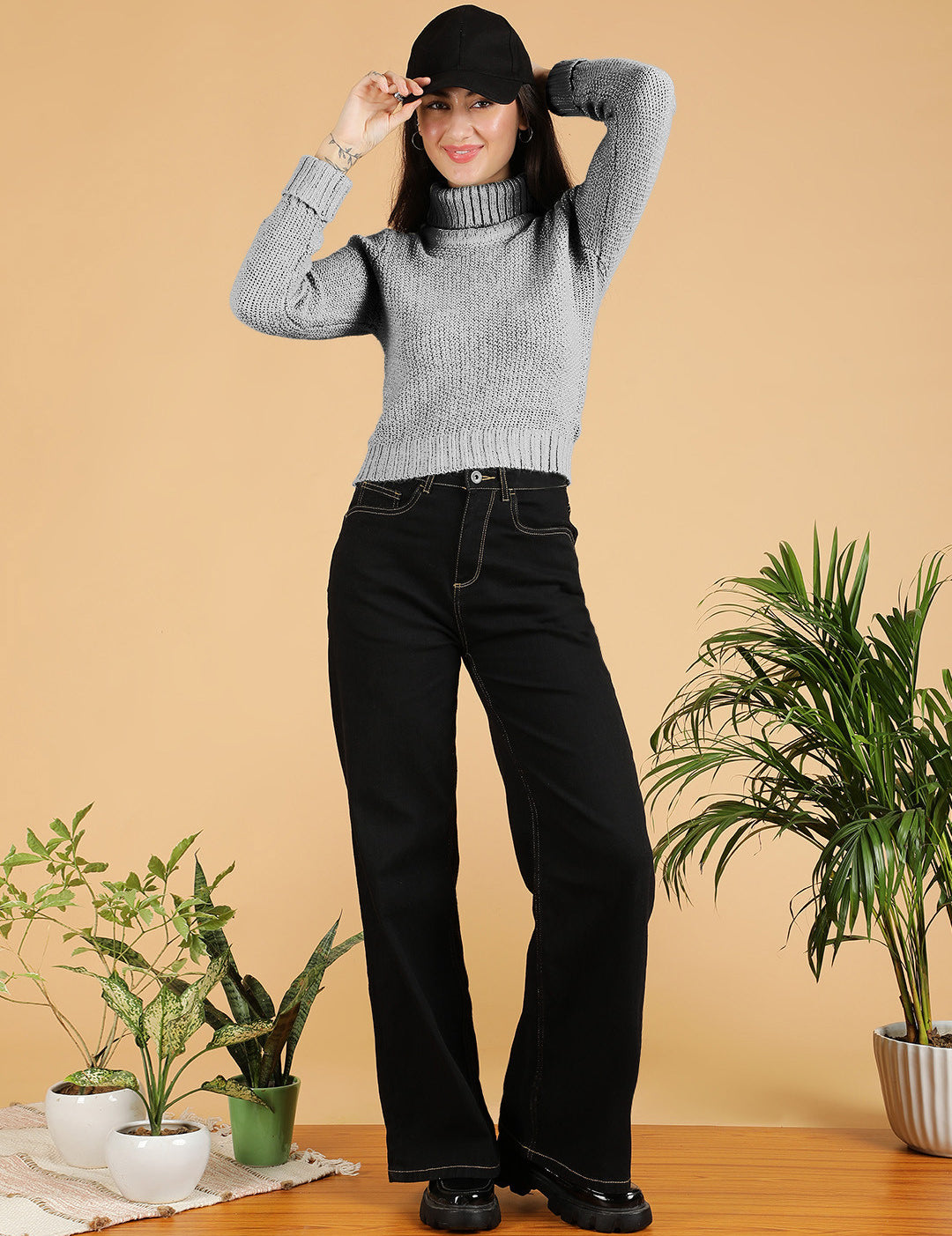 KOTTY Woven Collared Neck Casual Women Grey Sweater 
