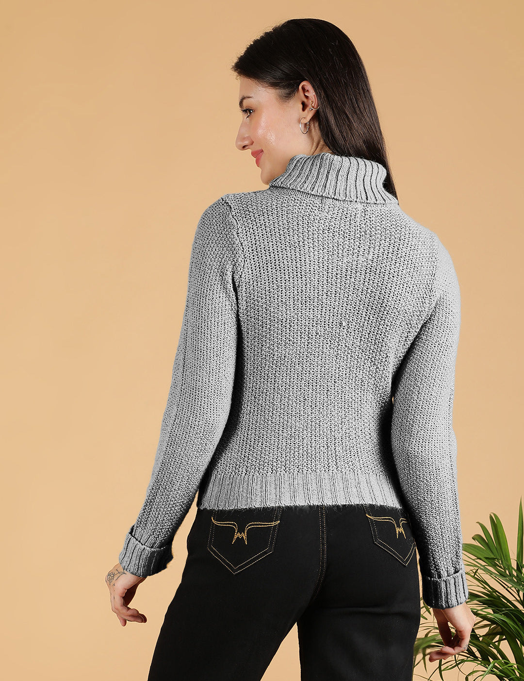 KOTTY Woven Collared Neck Casual Women Grey Sweater 