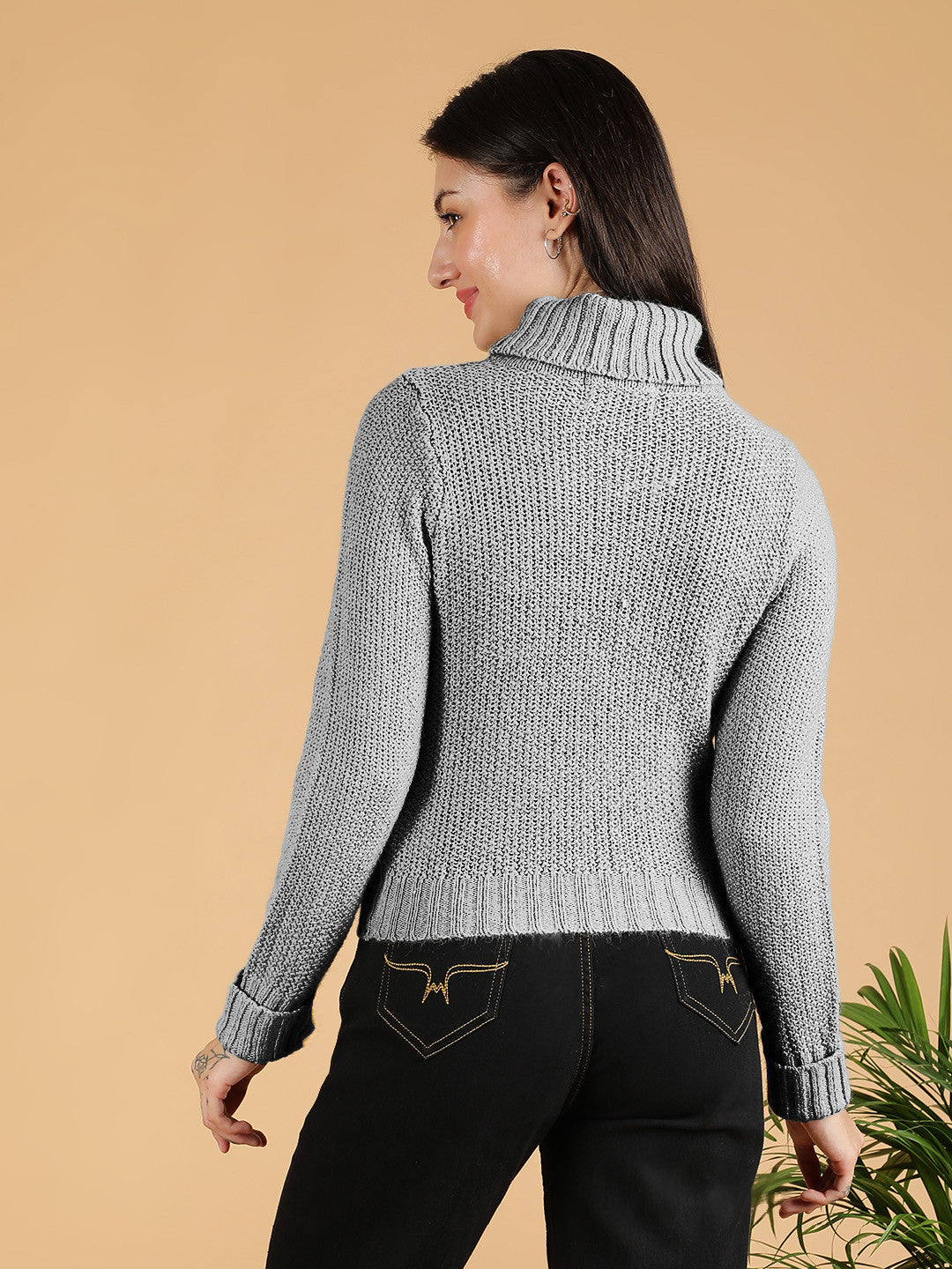 KOTTY Woven Collared Neck Casual Women Grey Sweater 