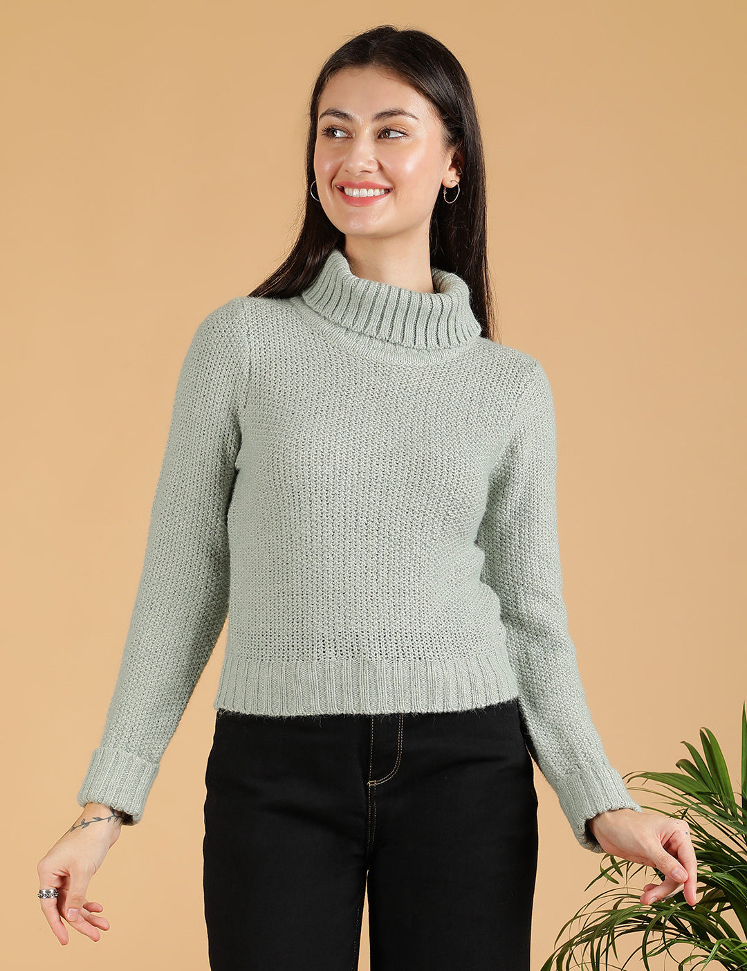 KOTTY Solid High Neck Casual Women Light Green Sweater 