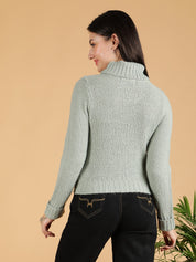 KOTTY Solid High Neck Casual Women Light Green Sweater 