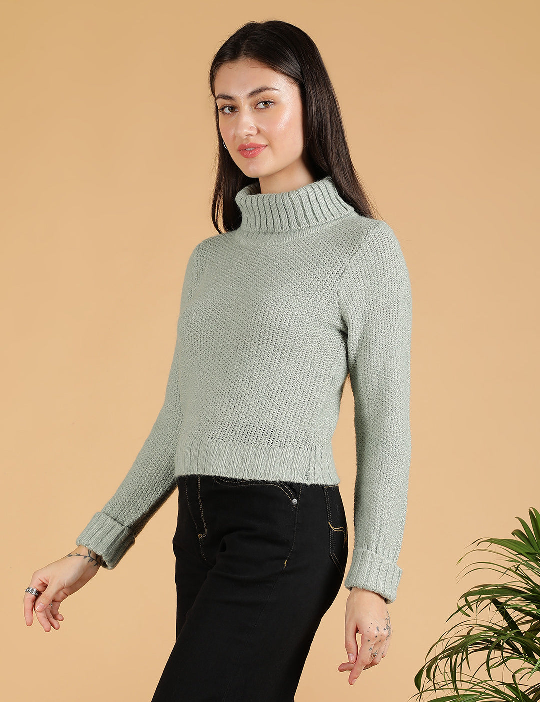 KOTTY Solid High Neck Casual Women Light Green Sweater 
