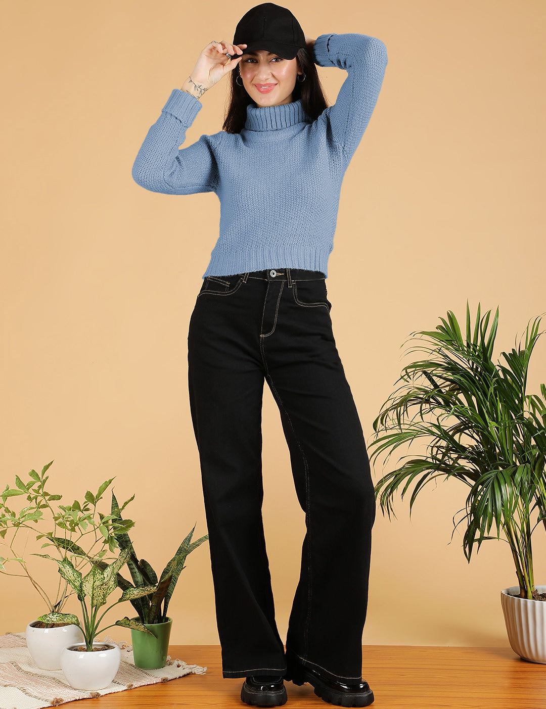 KOTTY Woven Collared Neck Casual Women Blue Sweater 