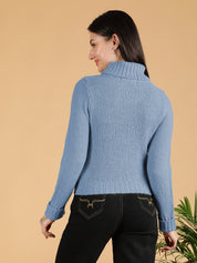 KOTTY Woven Collared Neck Casual Women Blue Sweater 