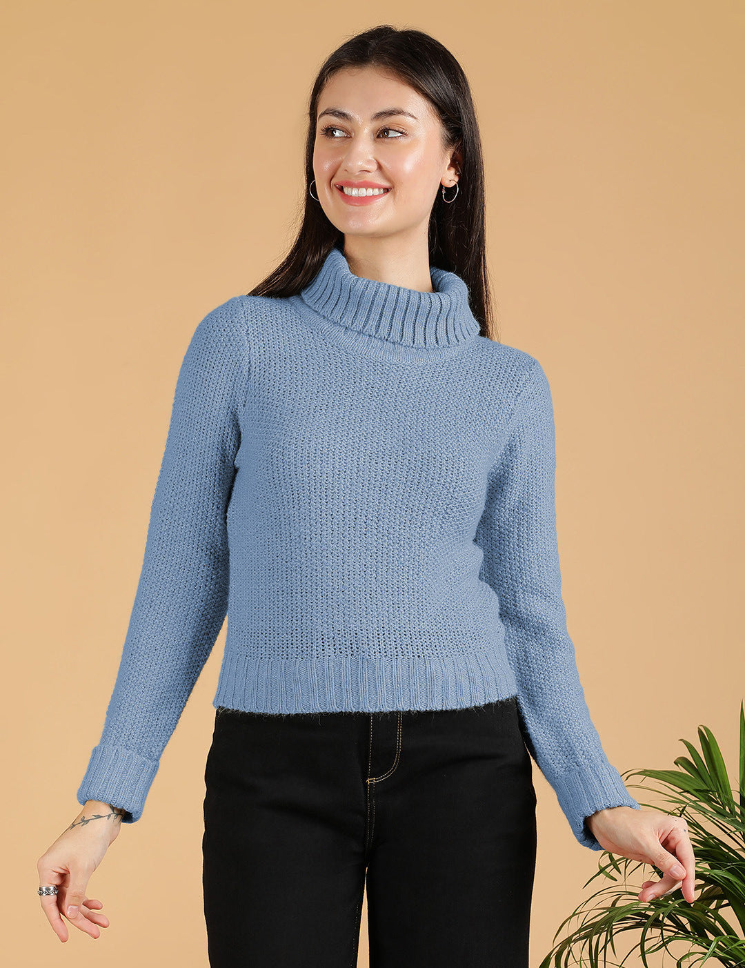 KOTTY Woven Collared Neck Casual Women Blue Sweater 