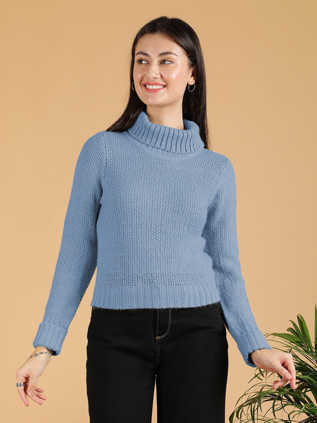 KOTTY Woven Collared Neck Casual Women Blue Sweater 