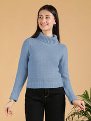 KOTTY Woven Collared Neck Casual Women Blue Sweater 