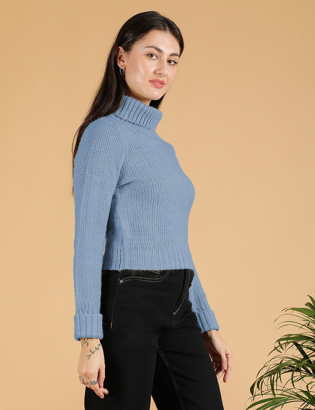 KOTTY Woven Collared Neck Casual Women Blue Sweater 