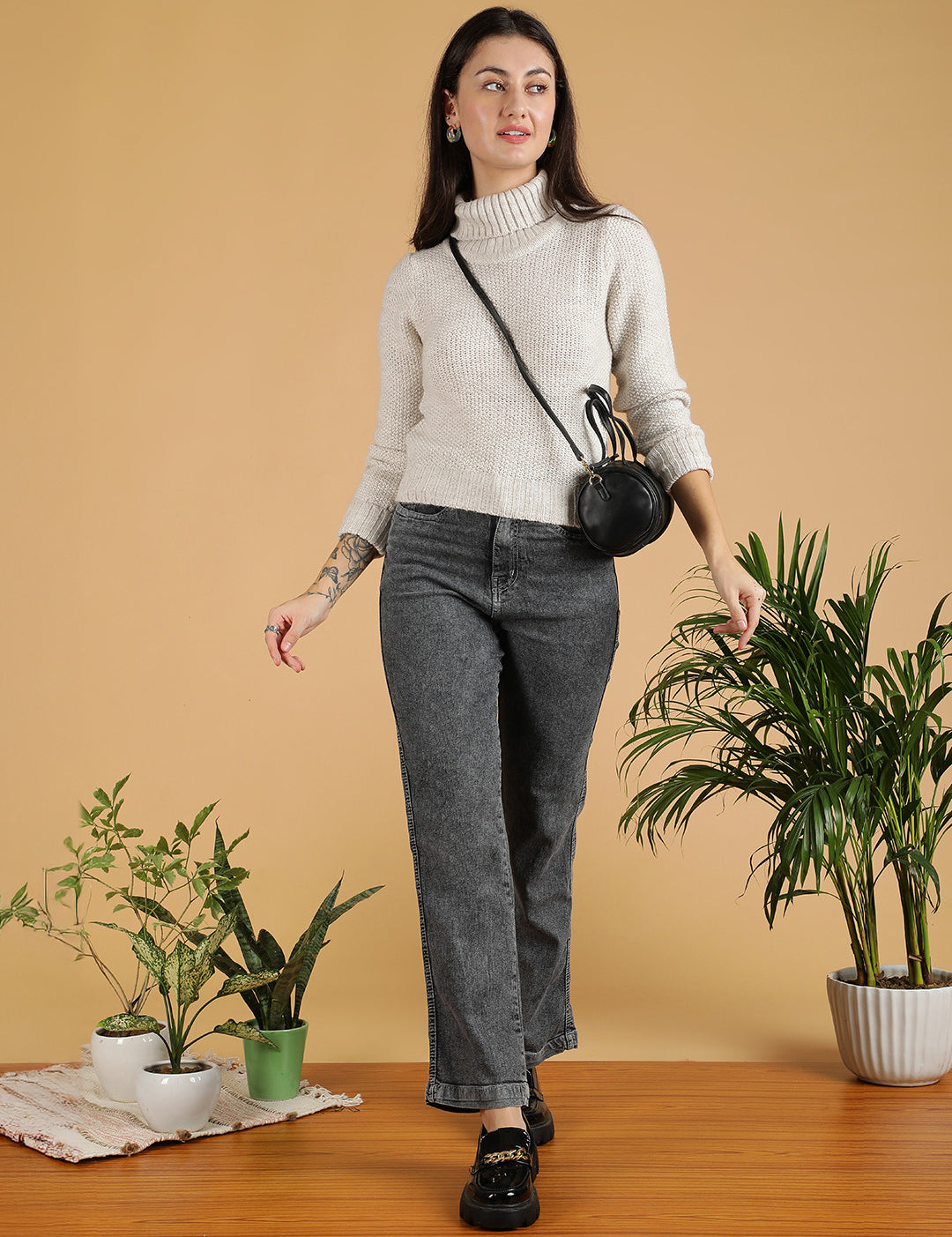 KOTTY Solid High Neck Casual Women White Sweater 