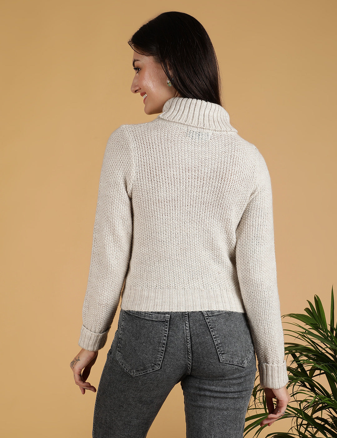 KOTTY Solid High Neck Casual Women White Sweater 