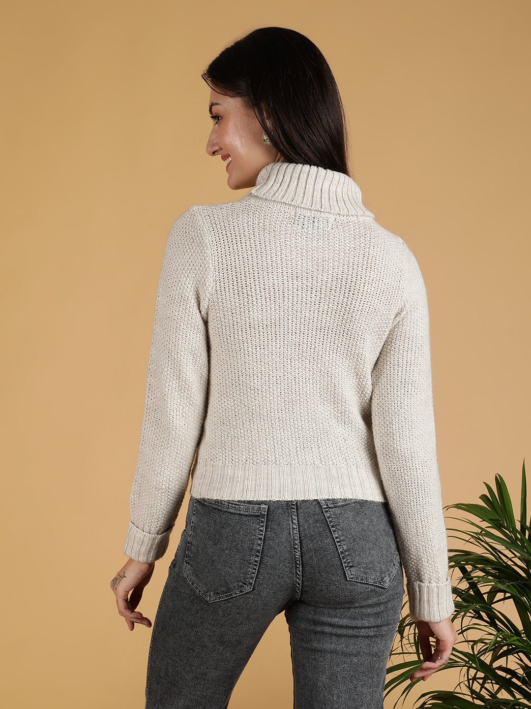 KOTTY Solid High Neck Casual Women White Sweater 