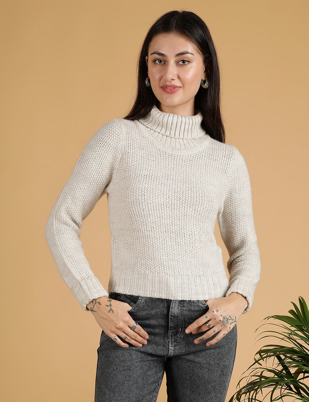 KOTTY Solid High Neck Casual Women White Sweater 