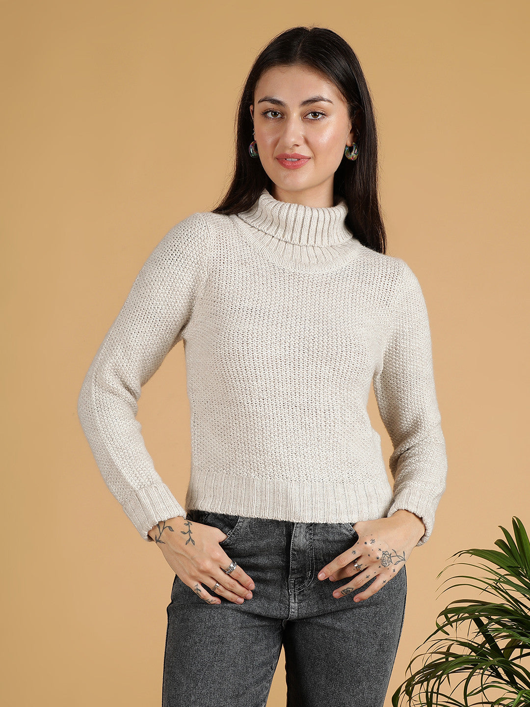 KOTTY Solid High Neck Casual Women White Sweater 