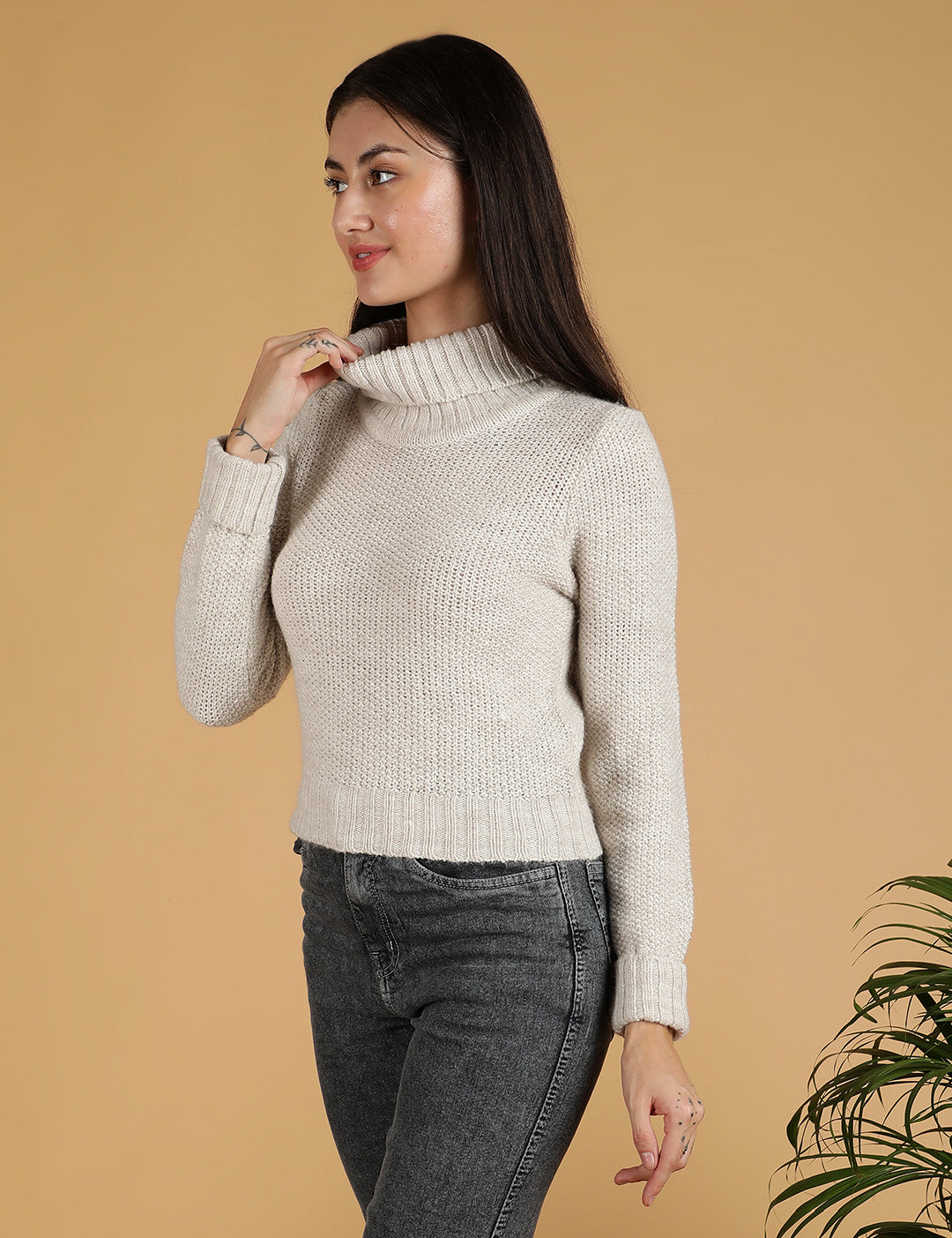KOTTY Solid High Neck Casual Women White Sweater 
