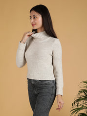 KOTTY Solid High Neck Casual Women White Sweater 