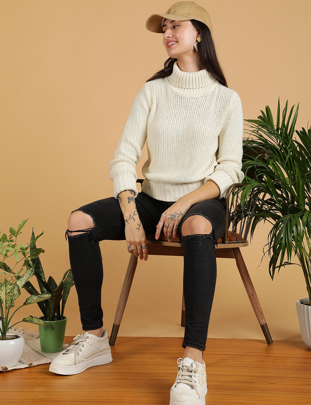 KOTTY Self Design High Neck Casual Women White Sweater 