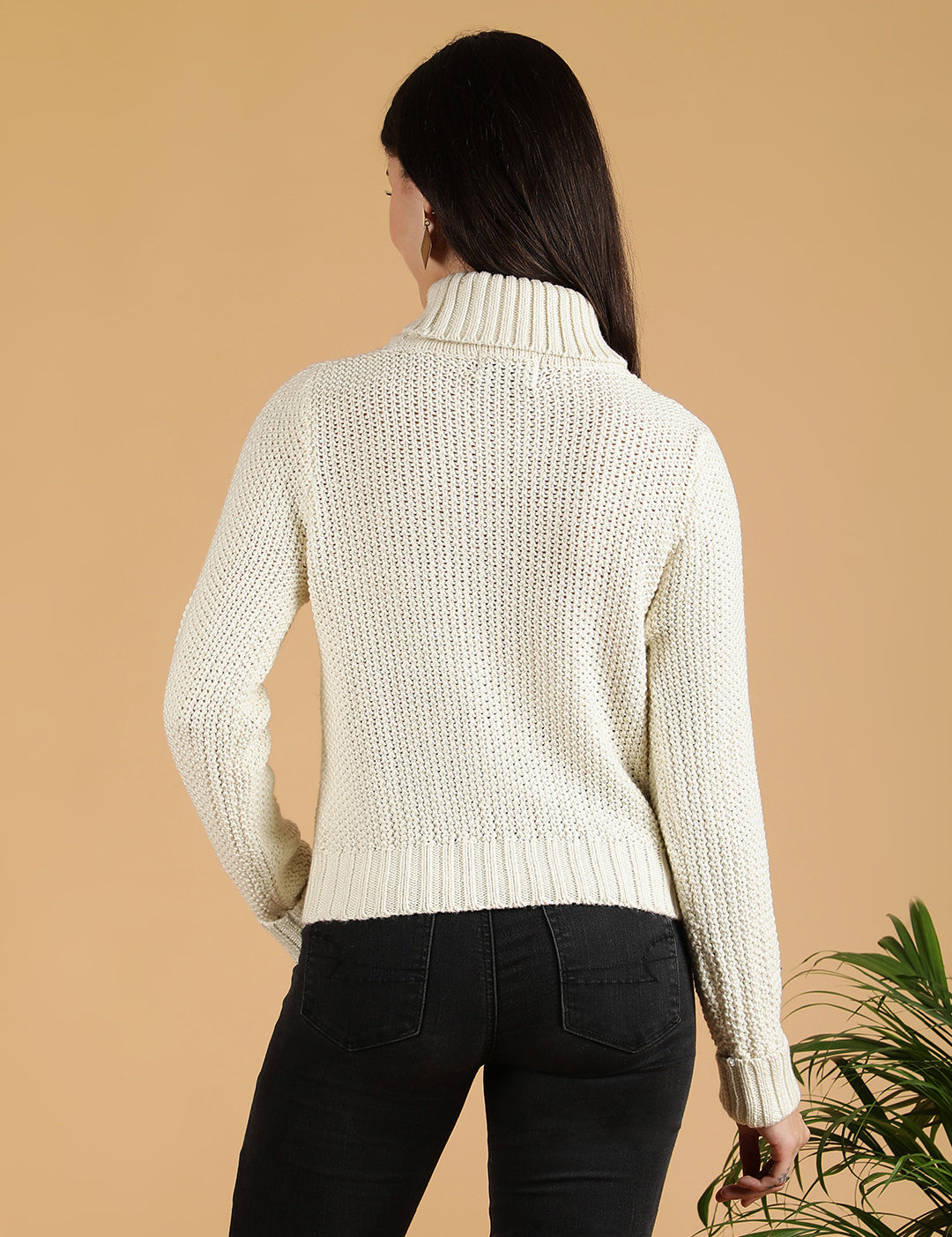 KOTTY Self Design High Neck Casual Women White Sweater 