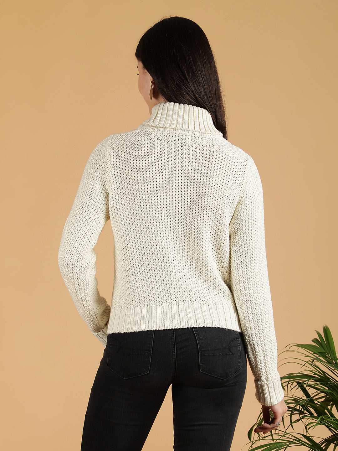 KOTTY Self Design High Neck Casual Women White Sweater 