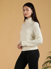 KOTTY Self Design High Neck Casual Women White Sweater 