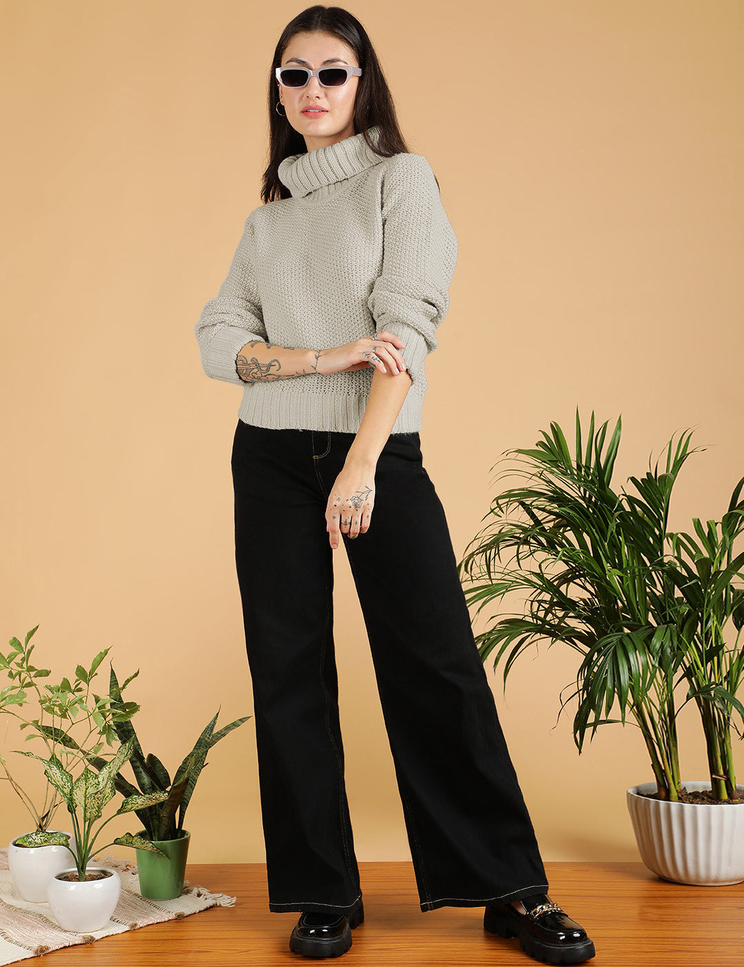 KOTTY Self Design Collared Neck Casual Women Beige Sweater 