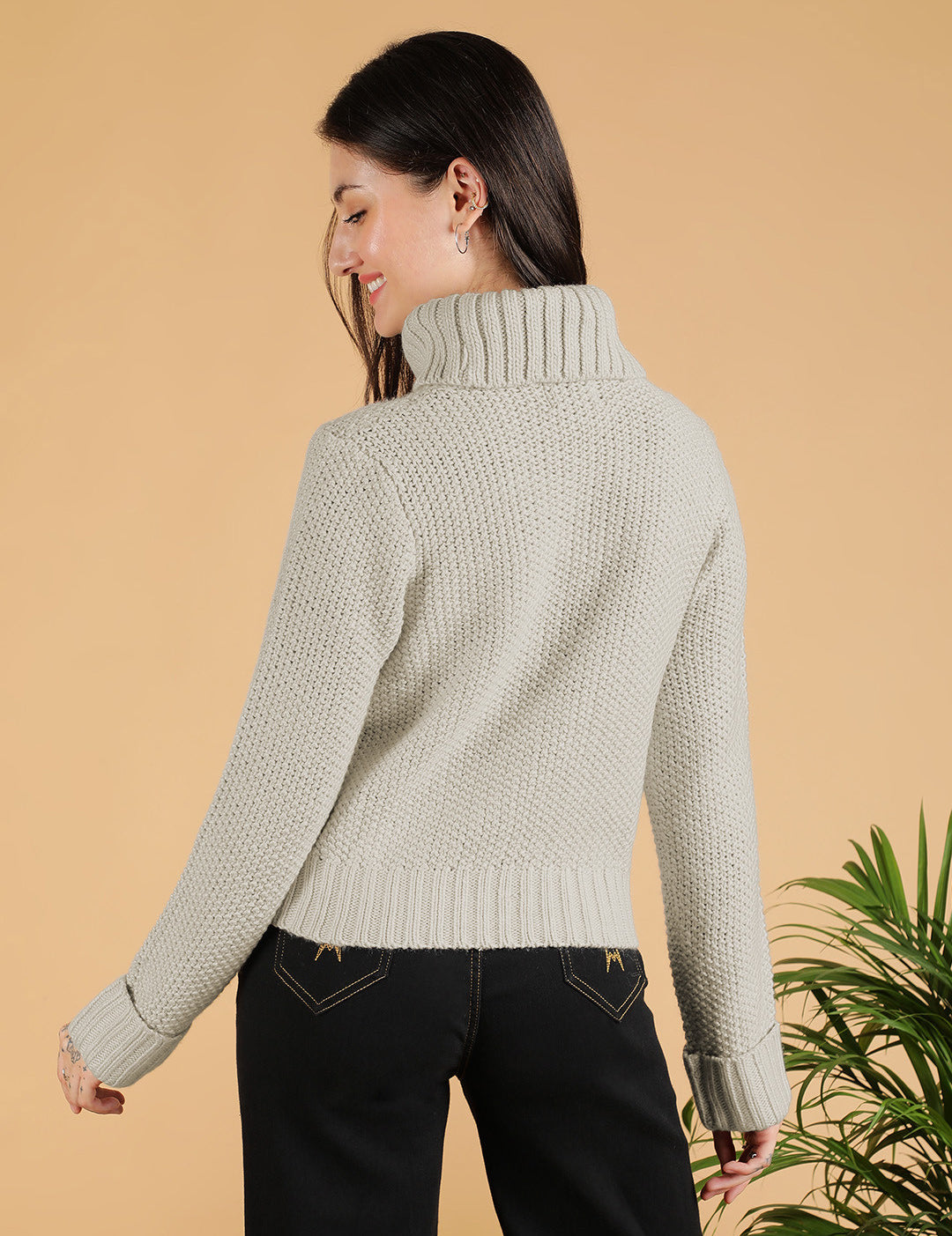 KOTTY Self Design Collared Neck Casual Women Beige Sweater 
