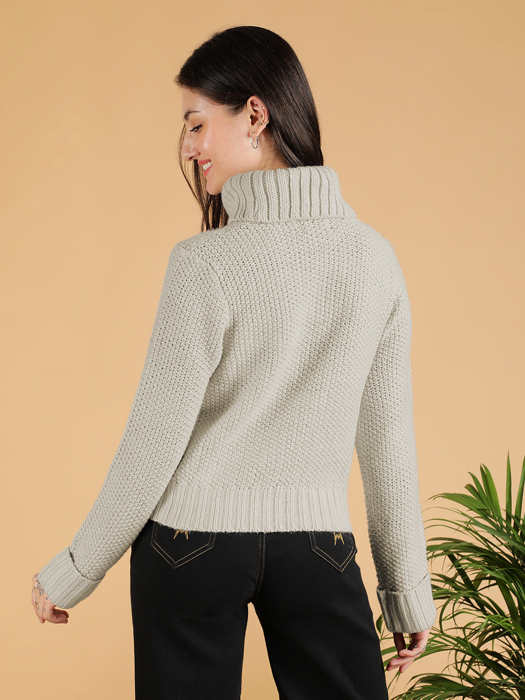 KOTTY Self Design Collared Neck Casual Women Beige Sweater 