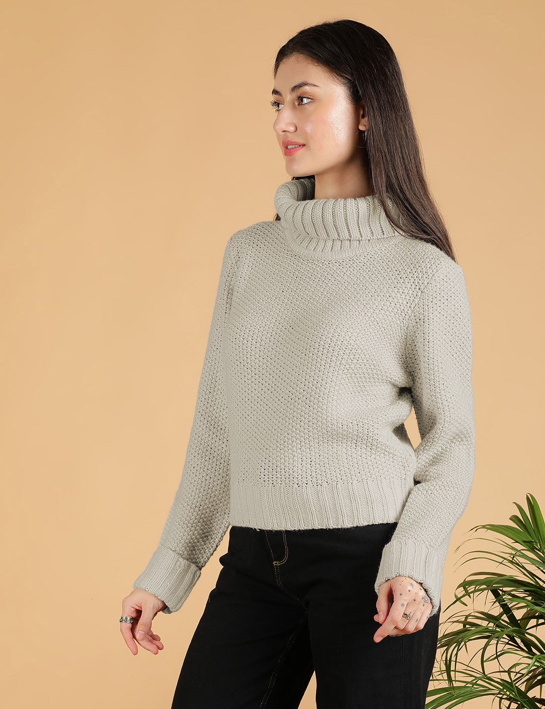 KOTTY Self Design Collared Neck Casual Women Beige Sweater 