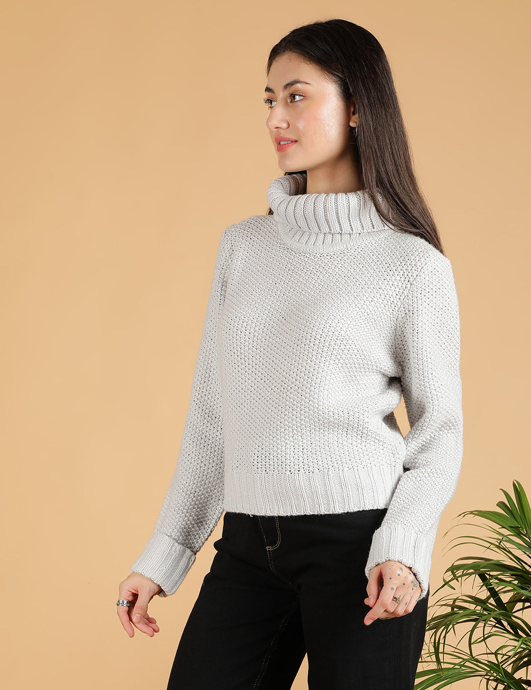 KOTTY Solid High Neck Casual Women Grey Sweater 