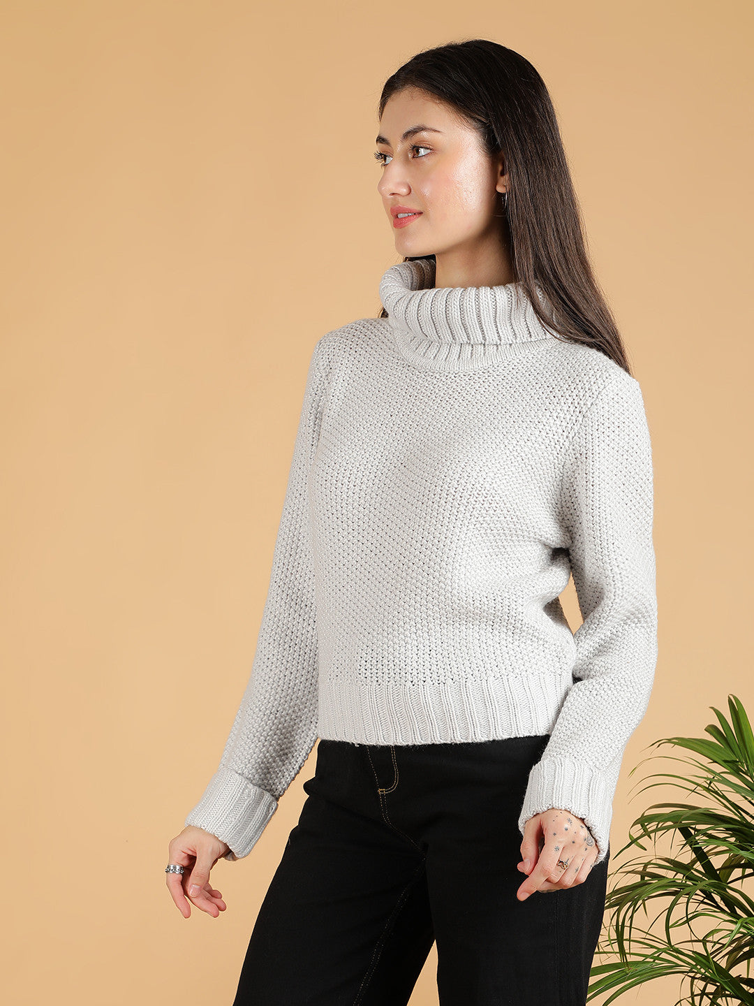 KOTTY Solid High Neck Casual Women Grey Sweater 