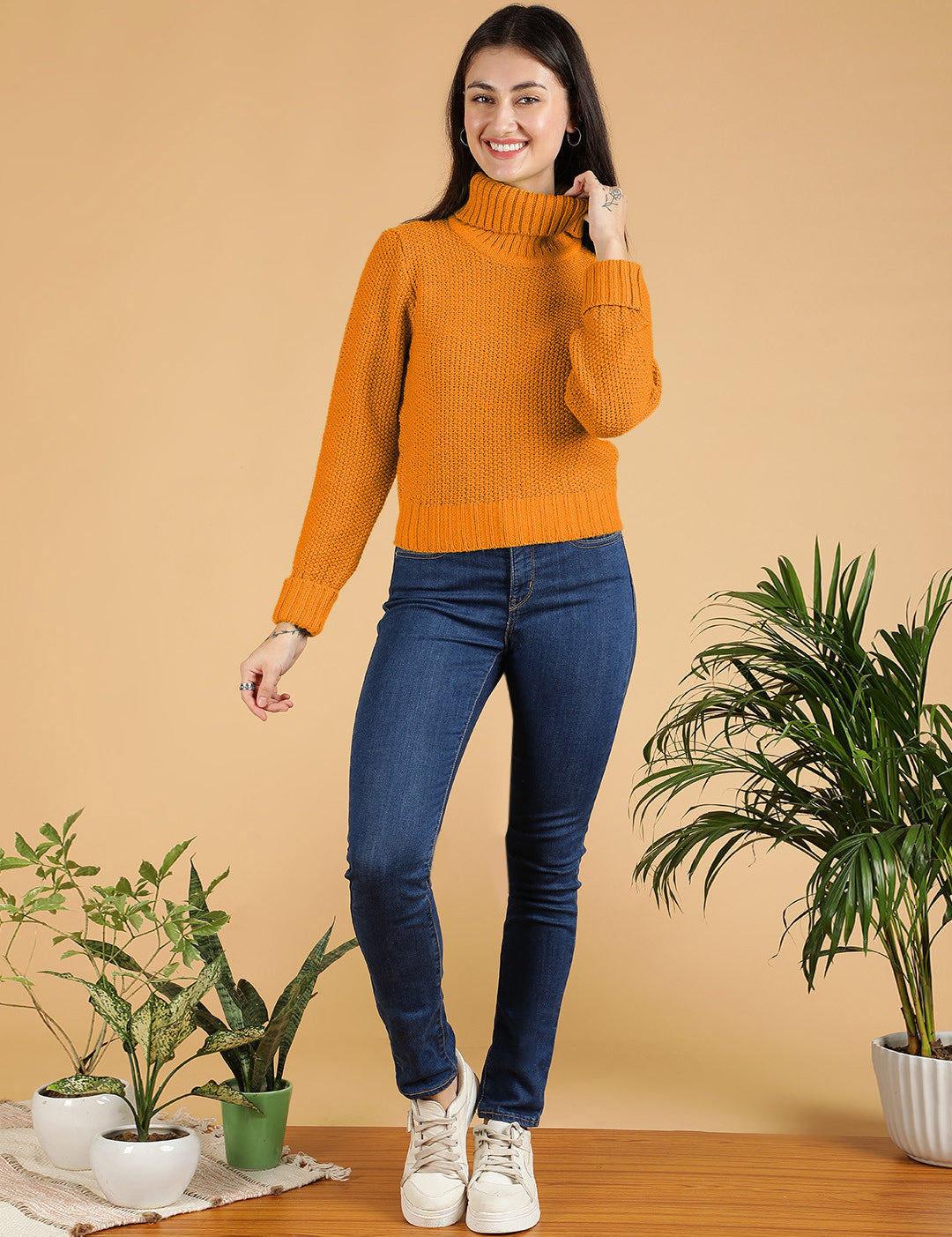 KOTTY Solid High Neck Casual Women Orange Sweater 