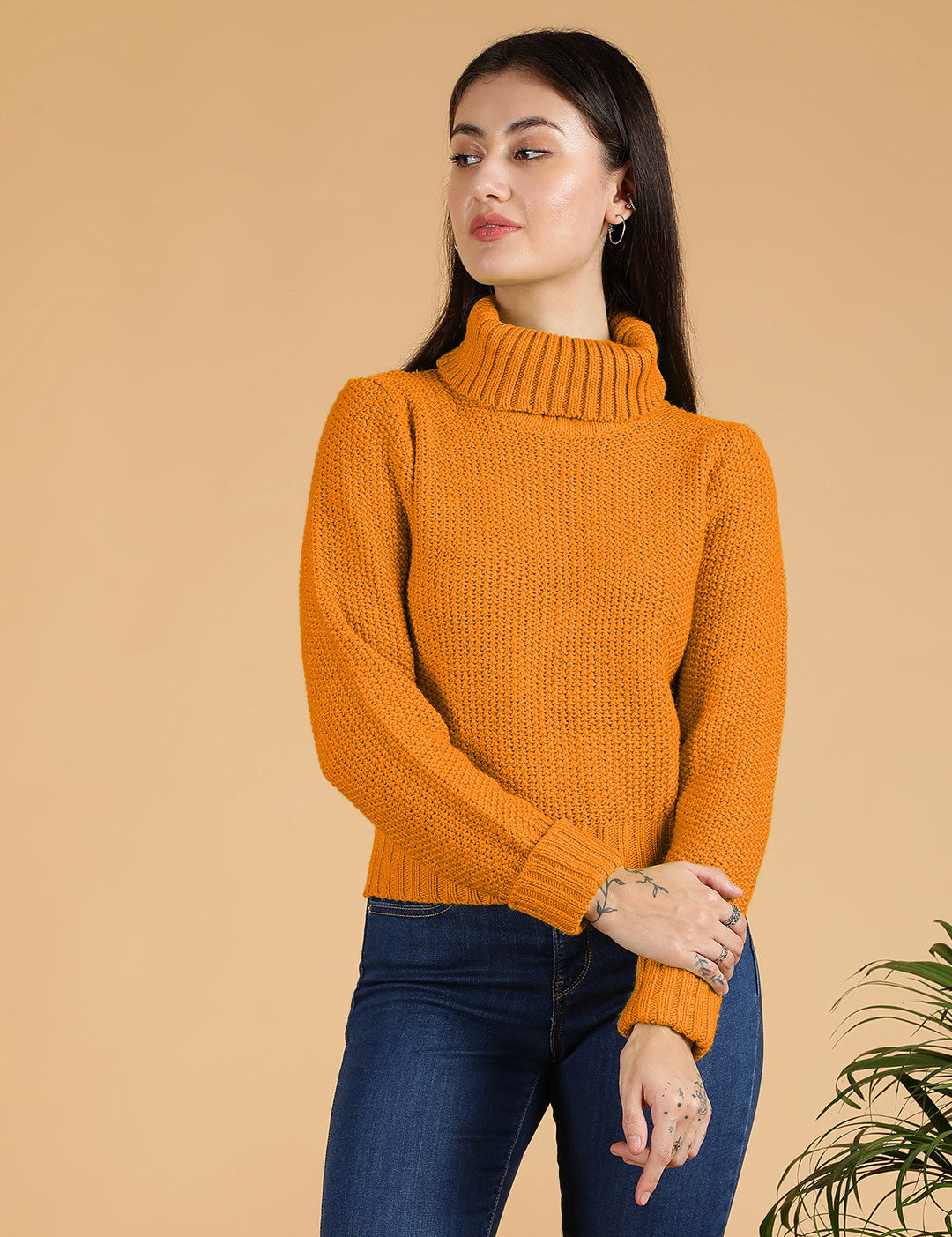 KOTTY Solid High Neck Casual Women Orange Sweater 