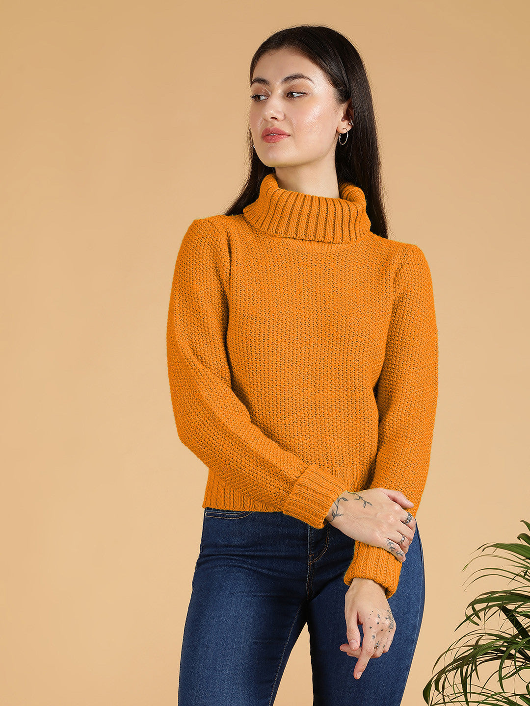 KOTTY Solid High Neck Casual Women Orange Sweater 