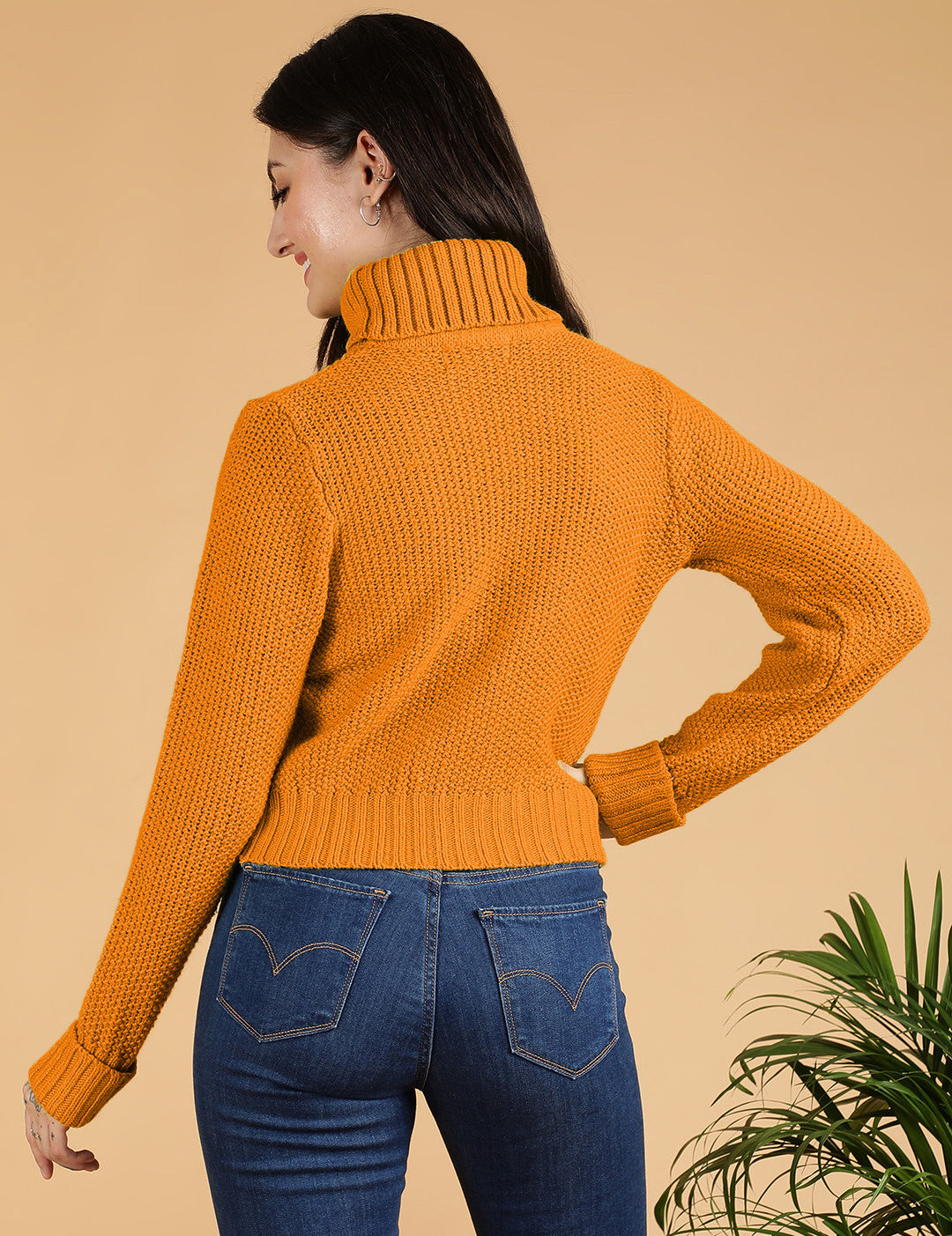 KOTTY Solid High Neck Casual Women Orange Sweater 