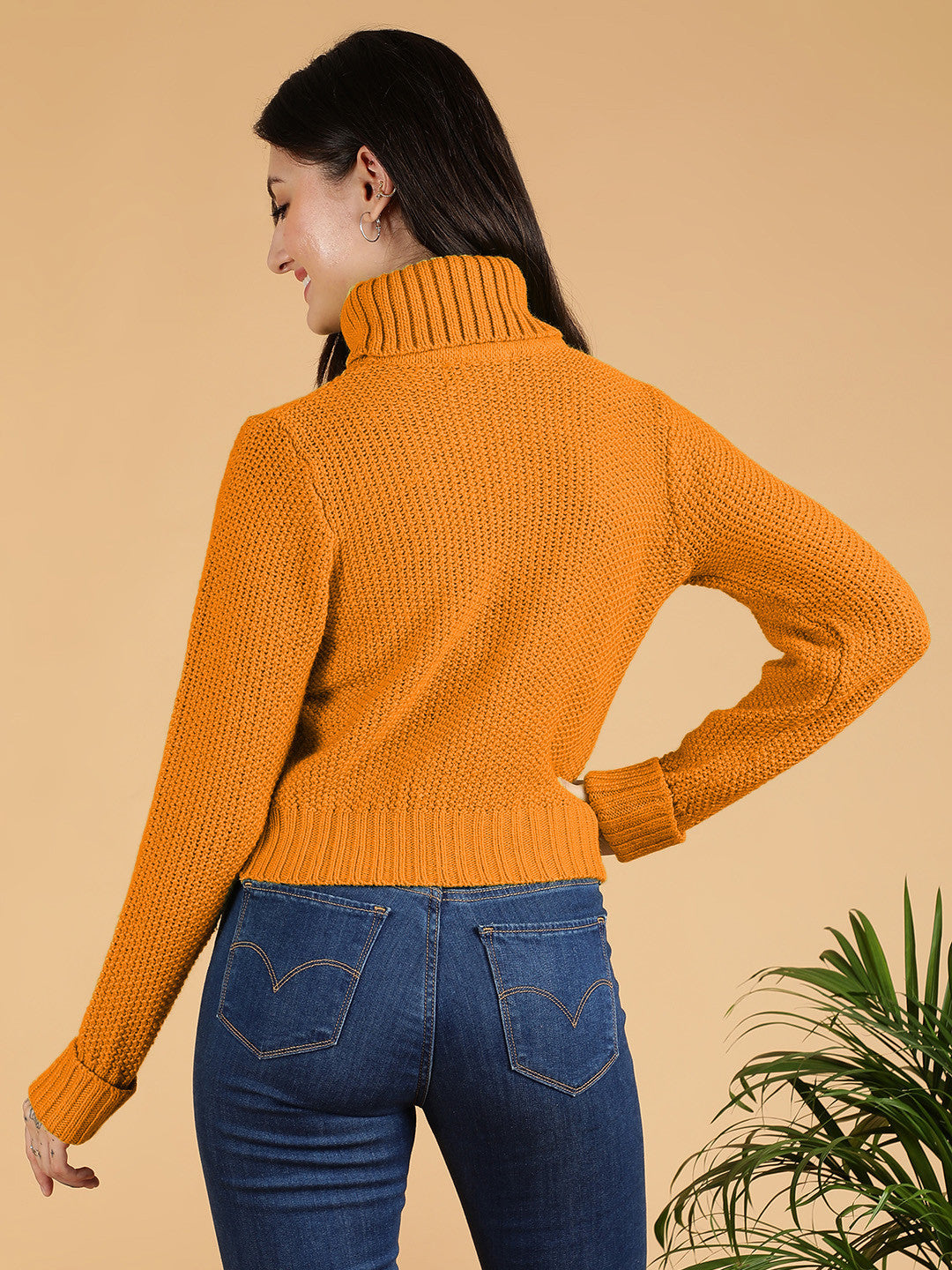 KOTTY Solid High Neck Casual Women Orange Sweater 