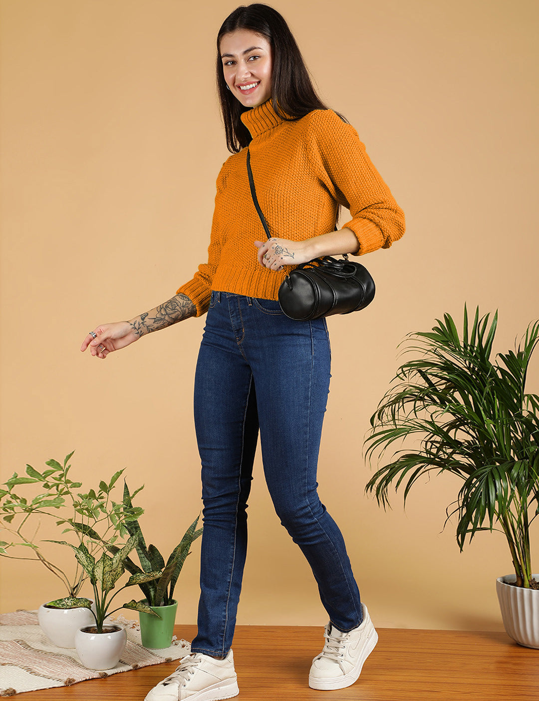 KOTTY Solid High Neck Casual Women Orange Sweater 