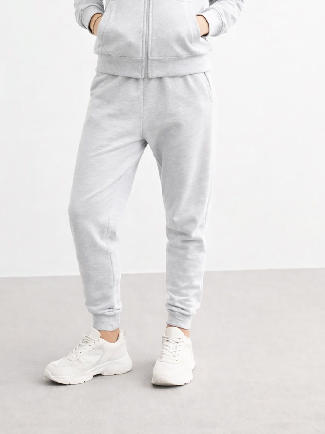 Women's Light Grey Fleece Joggers with Elastic Waistband