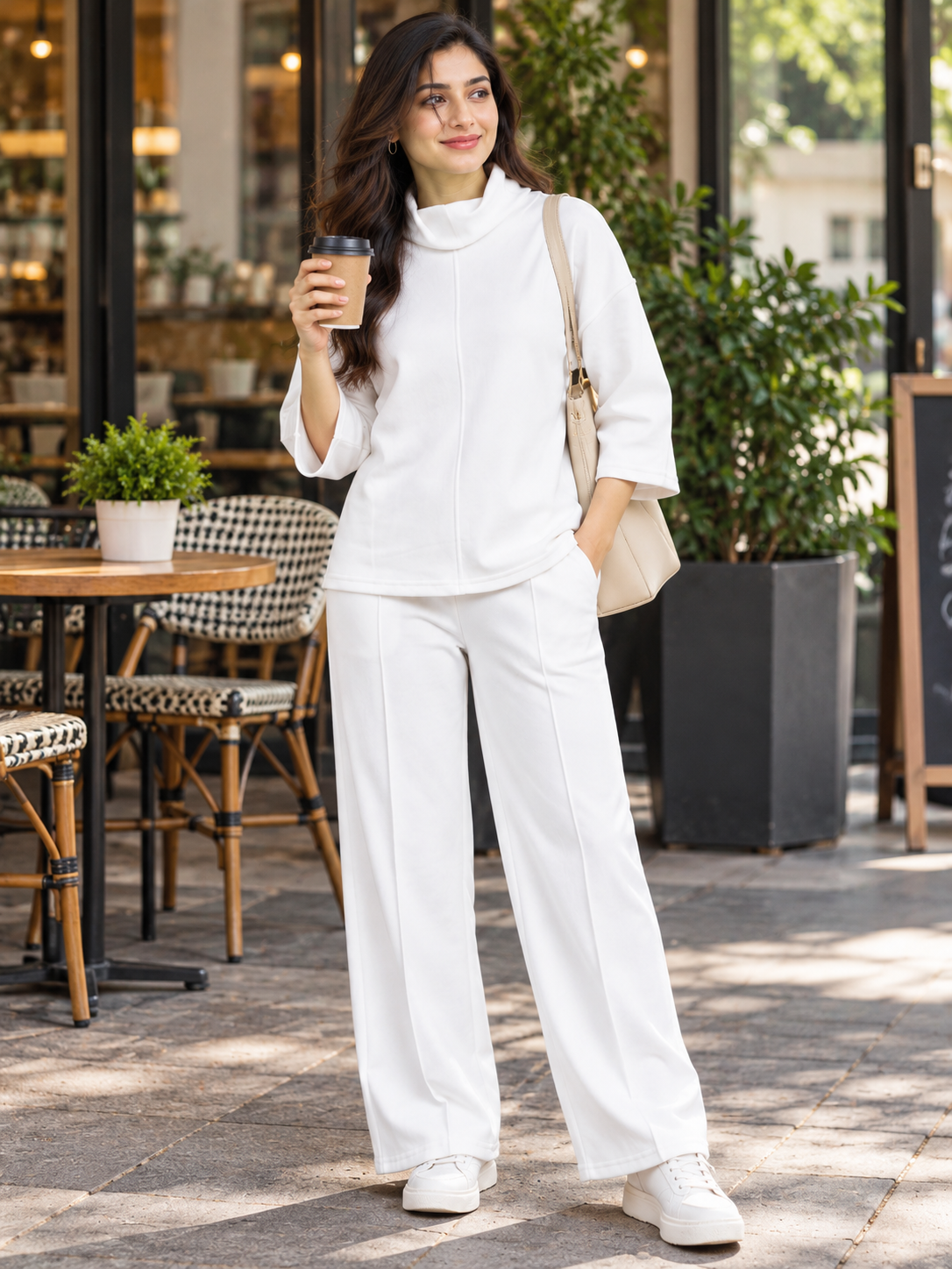 Women White High Neck Fleece Tracksuit Set