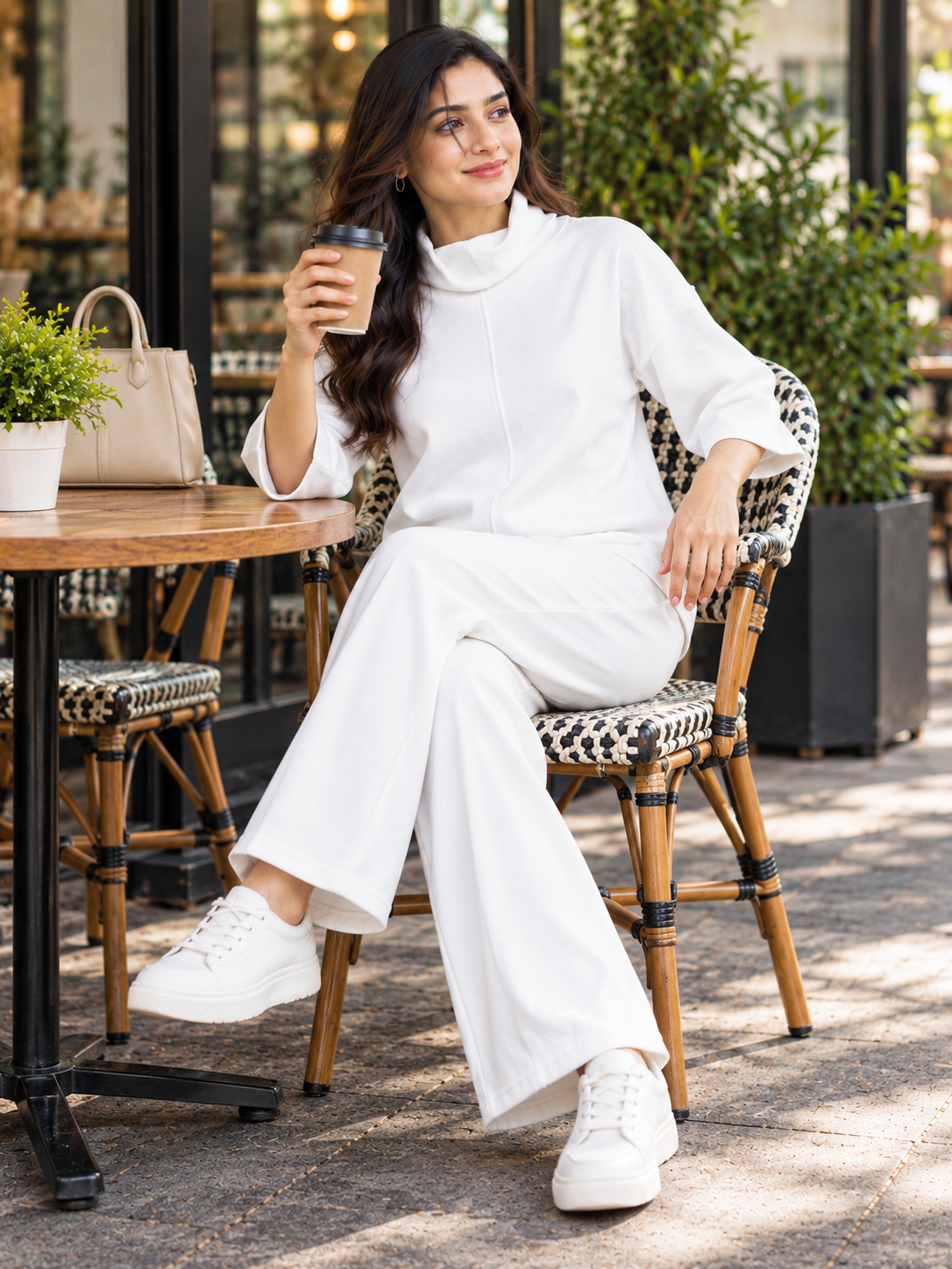 Women White High Neck Fleece Tracksuit Set