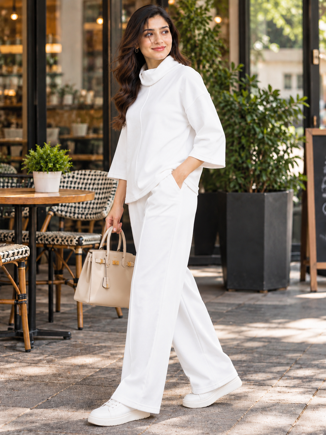 Women White High Neck Fleece Tracksuit Set